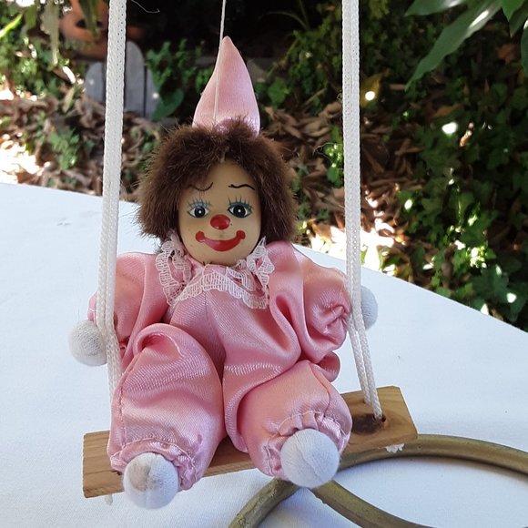 Sweet Little Harlequin Jester Clown Doll On A Swing Preowned - Picture 1 of 11